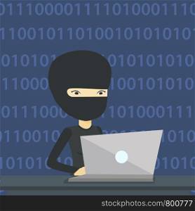 Asian computer hacker in mask working on laptop on the background with binary code. Hacker using laptop to steal data and personal identity information. Vector flat design illustration. Square layout.. Hacker using laptop to steal information.