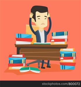 Asian concerned student studying hard before exam. Young stressed student studying with textbooks. Desperate student studying in the library. Vector flat design illustration. Square layout.. Student sitting at the table with piles of books.
