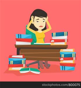 Asian concerned student studying hard before exam. Young stressed student studying with textbooks. Desperate student studying in the library. Vector flat design illustration. Square layout.. Student sitting at the table with piles of books.