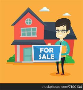 Asian confident realtor offering the house. Young smiling realtor with placard for sale and documents in hands standing on the background of house. Vector flat design illustration. Square layout.. Young asian realtor offering house.