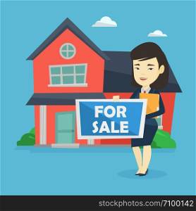 Asian confident realtor offering the house. Young smiling realtor with placard for sale and documents in hands standing on the background of house. Vector flat design illustration. Square layout.. Young female realtor offering house.