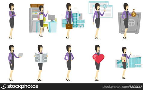 Asian confident smiling business woman standing with folded arms. Full length of young confident business woman with folded arms. Set of vector flat design illustrations isolated on white background.. Vector set of illustrations with business people.