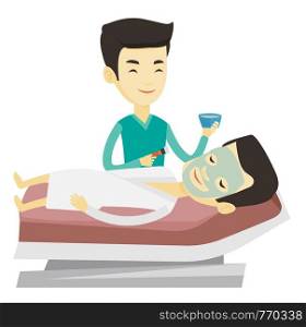 Asian cosmetologist applying mask on face of client in beauty salon. Man lying on the table in beauty salon during cosmetology procedure. Vector flat design illustration isolated on white background.. Man in beauty salon during cosmetology procedure.