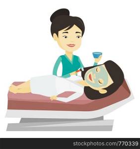 Asian cosmetologist applying mask on face of client in beauty salon. Woman lying on table in beauty salon during cosmetology procedure. Vector flat design illustration isolated on white background.. Girl in beauty salon during cosmetology procedure.