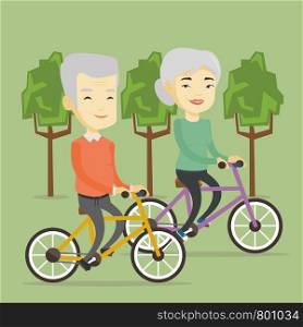 Asian couple riding bikes in park. Senior couple riding on bicycles in park. Retired couple biking. Senior husband and wife enjoying walk with bicycles. Vector flat design illustration. Square layout.. Senior couple riding on bicycles in the park