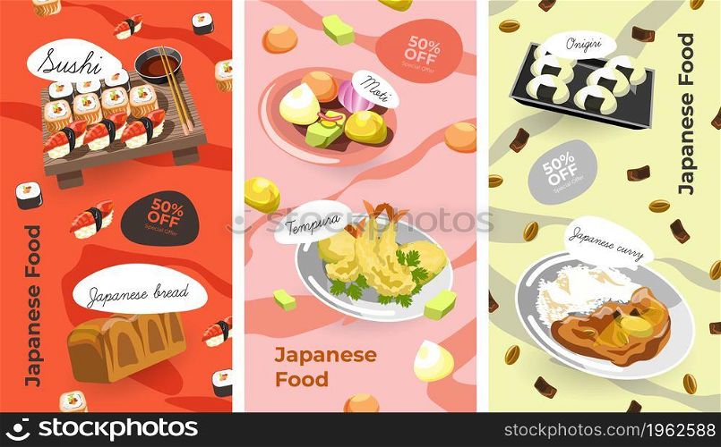Asian cuisine and traditional Japanese dishes and meals on reduced price. Sushi and onigiri, bread and curry, rolls and salmon. Dinner and breakfast 50 percent off price. Vector in flat illustration. Japanese cuisine, dishes and meal with discounts