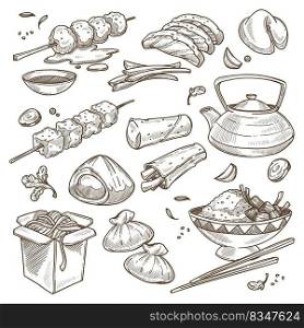 Asian cuisine, dishes of China monochrome sketch outline. Dumplings and tea in kettle, skewer with meat and noodles in box, rice served with chopsticks and cookies with prediction. Vector in flat. Chinese traditional food and beverages sketch