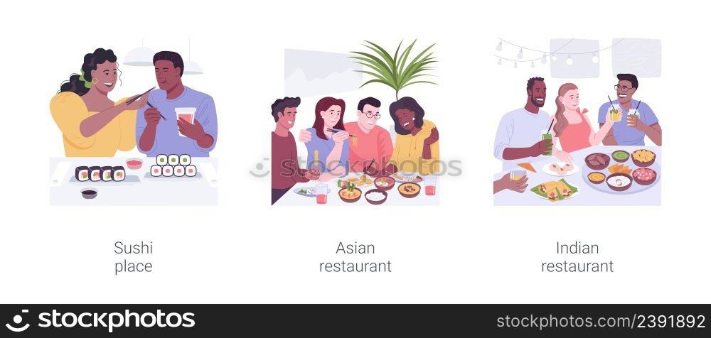 Asian cuisine isolated cartoon vector illustrations set. Happy couple eat sushi together, Thai and Vietnamese food, Indian restaurant, diverse people holding chopsticks, dining out vector cartoon.. Asian cuisine isolated cartoon vector illustrations set.