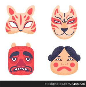 Asian culture symbols. Authentic japanese theatre masks faces. Traditional mythology characters for masquerade or performance. Folklore cartoon creature souvenirs isolated vector set. Asian culture symbols. Authentic japanese theatre masks faces. Traditional mythology characters for masquerade