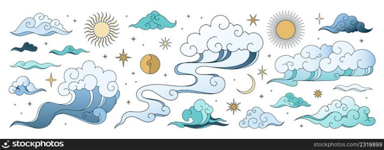 Asian curly clouds. Oriental traditional Japanese outline cloudy shapes with stars. Sun and Moon. Sky precipitation. Wind and crescent. Overcast weather. Vector Chinese design cloudscape elements set. Asian curly clouds. Oriental traditional Japanese cloudy shapes with stars. Sun and Moon. Sky precipitation. Wind and crescent. Overcast weather. Vector Chinese cloudscape elements set