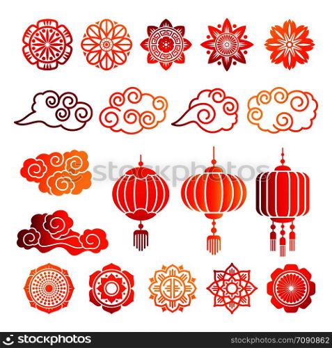 Asian decorative elements collection. Vector japanese, chinese, korean bright icons isolated on white background. Asian decorative elements collection. Vector japanese, chinese, korean