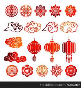 Asian decorative elements collection. Vector japanese, chinese, korean bright icons isolated on white background. Asian decorative elements collection. Vector japanese, chinese, korean