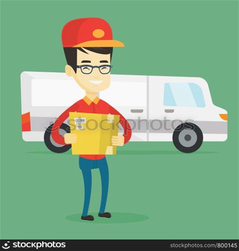 Asian delivery courier holding box on the background of truck. Delivery courier carrying cardboard box. Delivery courier with cardboard box in hands. Vector flat design illustration. Square layout.. Delivery courier carrying cardboard boxes.