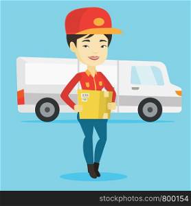 Asian delivery courier holding box on the background of truck. Delivery courier carrying cardboard box. Delivery courier with cardboard box in hands. Vector flat design illustration. Square layout.. Delivery courier carrying cardboard boxes.