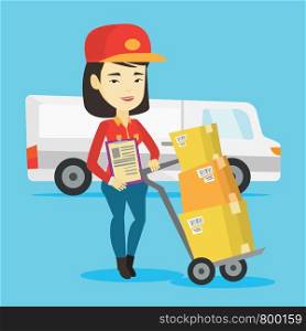 Asian delivery courier with cardboard boxes on troley. Young delivery courier holding cardboard clipboard. Courier standing in front of delivery van. Vector flat design illustration. Square layout.. Delivery courier with cardboard boxes.