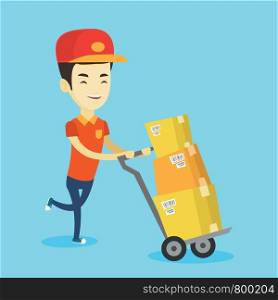 Asian delivery postman with cardboard boxes on trolley. Delivery postman pushing trolley with cardboard boxes. Delivery postman delivering parcels. Vector flat design illustration. Square layout.. Delivery postman with cardboard boxes on trolley.