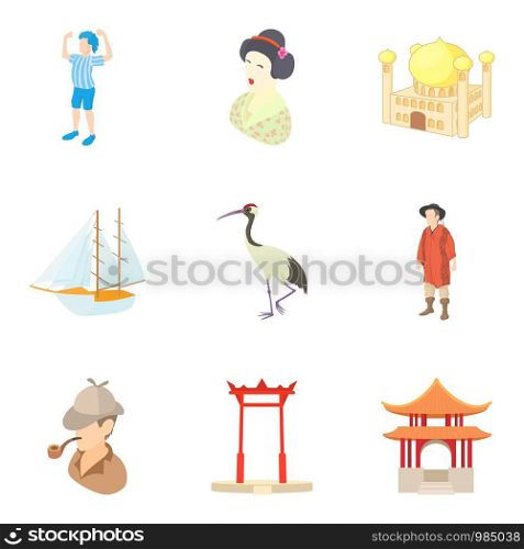 Asian discovery icons set. Cartoon set of 9 asian discovery vector icons for web isolated on white background. Asian discovery icons set, cartoon style