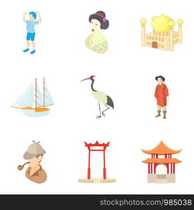 Asian discovery icons set. Cartoon set of 9 asian discovery vector icons for web isolated on white background. Asian discovery icons set, cartoon style