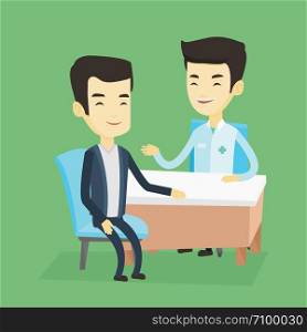 Asian doctor consulting patient in office. Doctor talking to patient. Doctor communicating with patient about his state of health. Health care concept. Vector flat design illustration. Square layout.. Doctor consulting male patient in office.