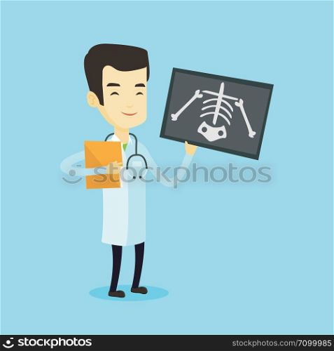 Asian doctor examining a radiograph. Young smiling doctor in medical gown looking at a chest radiograph. Doctor observing a skeleton radiograph. Vector flat design illustration. Square layout.. Doctor examining radiograph vector illustration.
