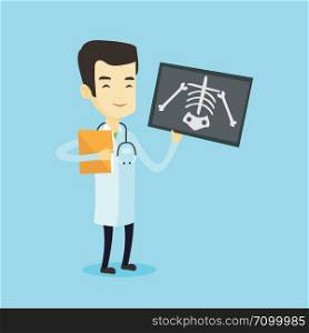 Asian doctor examining a radiograph. Young smiling doctor in medical gown looking at a chest radiograph. Doctor observing a skeleton radiograph. Vector flat design illustration. Square layout.. Doctor examining radiograph vector illustration.