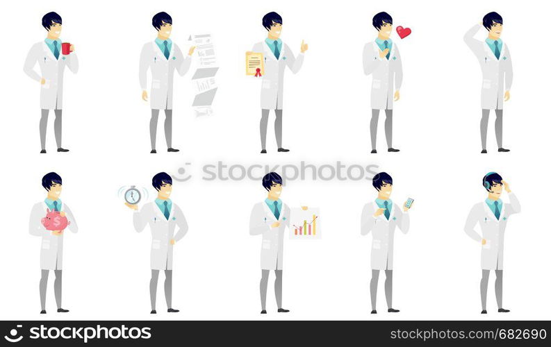 Asian doctor holding certificate. Full length of doctor with certificate. Doctor in medical gown showing certificate and thumbs up. Set of vector flat design illustrations isolated on white background. Vector set of illustrations with doctor characters