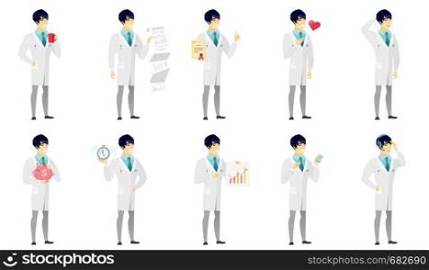 Asian doctor holding certificate. Full length of doctor with certificate. Doctor in medical gown showing certificate and thumbs up. Set of vector flat design illustrations isolated on white background. Vector set of illustrations with doctor characters