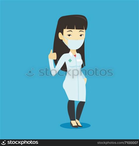 Asian doctor in mask giving thumbs up. Young doctor in medical gown showing thumbs up gesture. Friendly doctor with gesture thumb up. Vector flat design illustration. Square layout.. Doctor giving thumbs up vector illustration.