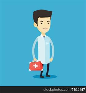 Asian doctor in medical gown holding first aid box. Friendly doctor in uniform standing with first aid kit. Doctor carrying first aid box. Vector flat design illustration. Square layout.. Doctor holding first aid box vector illustration.