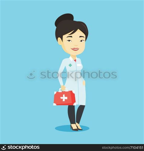 Asian doctor in medical gown holding first aid box. Friendly doctor in uniform standing with first aid kit. Doctor carrying first aid box. Vector flat design illustration. Square layout.. Doctor holding first aid box vector illustration.