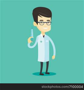 Asian doctor in medical gown holding medical injection syringe. Young doctor standing with syringe. Doctor holding a syringe ready for injection. Vector flat design illustration. Square layout.. Doctor holding syringe vector illustration.