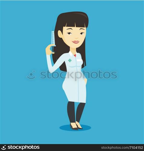 Asian doctor in medical gown holding medical injection syringe. Young doctor standing with syringe. Doctor holding a syringe ready for injection. Vector flat design illustration. Square layout.. Doctor holding syringe vector illustration.