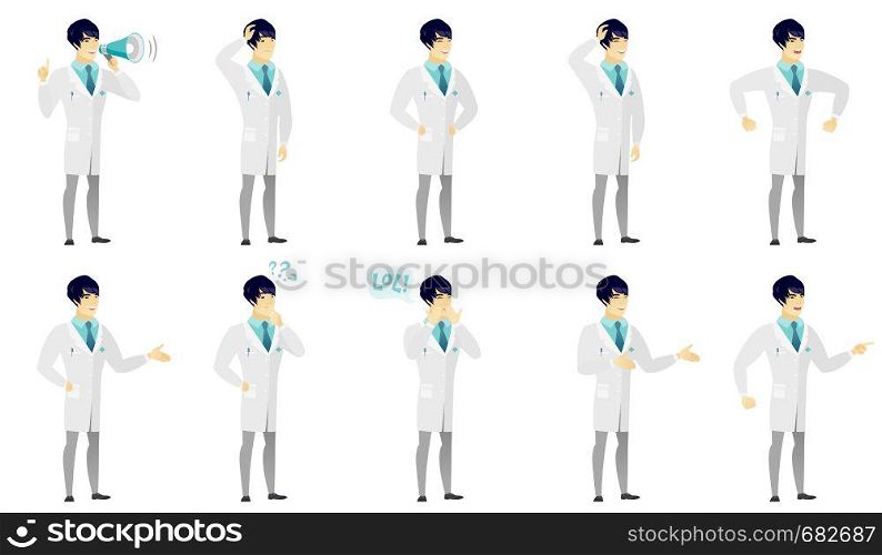 Asian doctor in medical gown scratching his head. Full length of thoughtful doctor scratching head. Puzzled doctor scratching head. Set of vector flat design illustrations isolated on white background. Vector set of illustrations with doctor characters