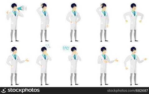 Asian doctor in medical gown scratching his head. Full length of thoughtful doctor scratching head. Puzzled doctor scratching head. Set of vector flat design illustrations isolated on white background. Vector set of illustrations with doctor characters
