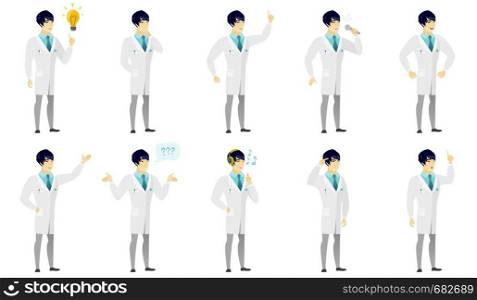 Asian doctor in medical gown thinking. Full length of thinking doctor with hand on chin. Doctor thinking and looking to the side. Set of vector flat design illustrations isolated on white background.. Vector set of illustrations with doctor characters