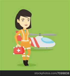 Asian doctor of air ambulance. Young doctor of air ambulance standing in front of rescue helicopter. Doctor of air ambulance holding first aid box. Vector flat design illustration. Square layout.. Doctor of air ambulance vector illustration.