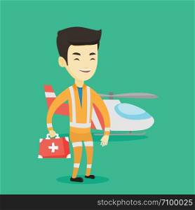 Asian doctor of air ambulance. Young doctor of air ambulance standing in front of rescue helicopter. Doctor of air ambulance holding first aid box. Vector flat design illustration. Square layout.. Doctor of air ambulance vector illustration.