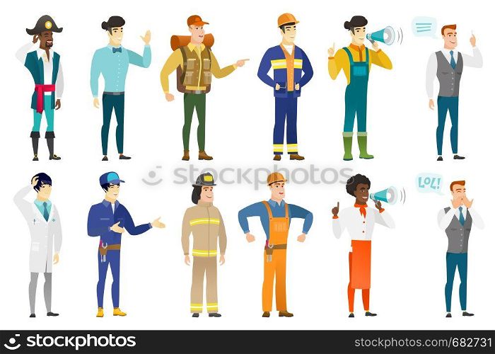 Asian doctor scratching his head. Full length of thoughtful doctor scratching head. Puzzled busdoctor nessman scratching his head. Set of vector flat design illustrations isolated on white background.. Vector set of professions characters.