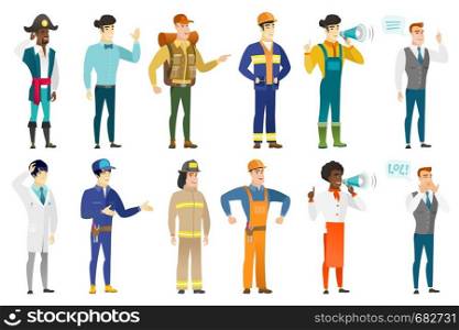 Asian doctor scratching his head. Full length of thoughtful doctor scratching head. Puzzled busdoctor nessman scratching his head. Set of vector flat design illustrations isolated on white background.. Vector set of professions characters.