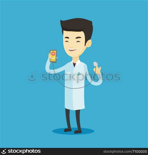 Asian doctor showing application for checking heart rate pulse. Young doctor holding smartphone with application for measuring of heart rate pulse. Vector flat design illustration. Square layout.. Doctor showing app for measuring heart pulse.
