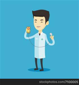 Asian doctor showing application for checking heart rate pulse. Young doctor holding smartphone with application for measuring of heart rate pulse. Vector flat design illustration. Square layout.. Doctor showing app for measuring heart pulse.