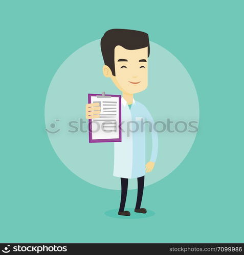 Asian doctor showing patient records. Young smiling doctor showing clipboard with prescription. Doctor in medical gown holding clipboard with notes. Vector flat design illustration. Square layout.. Doctor with clipboard vector illustration.