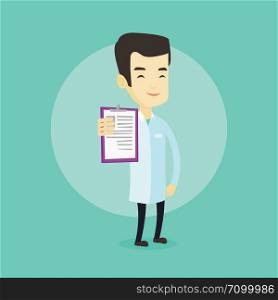 Asian doctor showing patient records. Young smiling doctor showing clipboard with prescription. Doctor in medical gown holding clipboard with notes. Vector flat design illustration. Square layout.. Doctor with clipboard vector illustration.