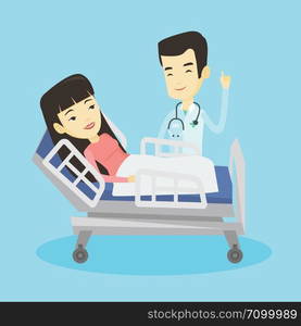 Asian doctor visiting patient. Doctor pointing finger up during visiting of patient. Young smiling woman lying in hospital bed while doctor visits her. Vector flat design illustration. Square layout.. Doctor visiting patient vector illustration.