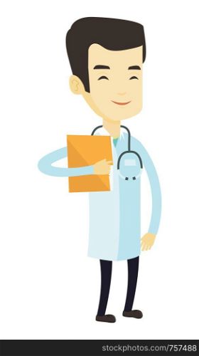 Asian doctor with stethoscope and folder. Doctor in medical gown carrying folder of patient. Doctor holding folder with medic information. Vector flat design illustration isolated on white background.. Doctor with file in medical office.