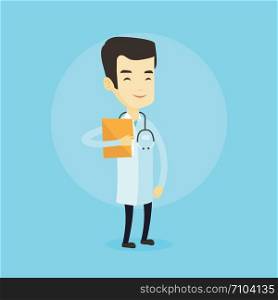 Asian doctor with stethoscope and folder. Young doctor in medical gown carrying folder of patient. Doctor holding folder with medical information. Vector flat design illustration. Square layout.. Doctor with file in medical office.