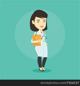 Asian doctor with stethoscope and folder. Young doctor in medical gown carrying folder of patient. Doctor holding folder with medical information. Vector flat design illustration. Square layout.. Doctor with file in medical office.