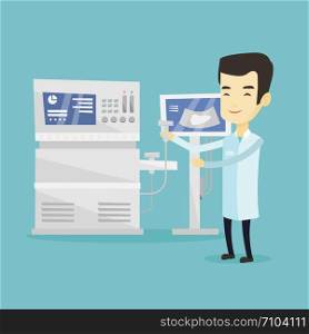 Asian doctor with ultrasound scanner in hand. Operator of ultrasound scanning machine analyzing liver of patient. Doctor working on ultrasound equipment. Vector flat design illustration. Square layout. Asian ultrasound doctor vector illustration.