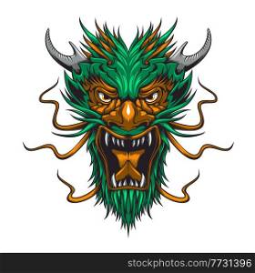 Asian dragon monster, mythology beast cartoon mascot head. Angry roaring or screaming fairytale creature, fantasy beast with horns and sharp fangs. Chinese, Japanese or Thai furious, aggressive dragon. Cartoon asian dragon monster beast mascot head