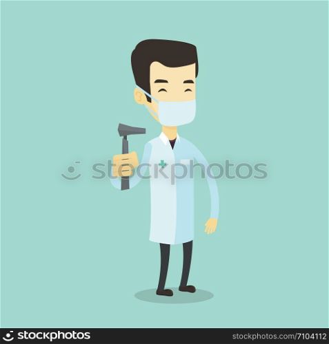 Asian ear nose throat doctor holding medical tool. Young doctor in medical gown and mask with tools used for examination of ear, nose, throat. Vector flat design illustration. Square layout.. Ear nose throat doctor vector illustration.